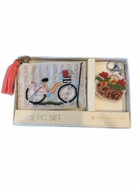 Beaded Bicycle Coin Purse & Floral Keychain Set - Coral Tassel